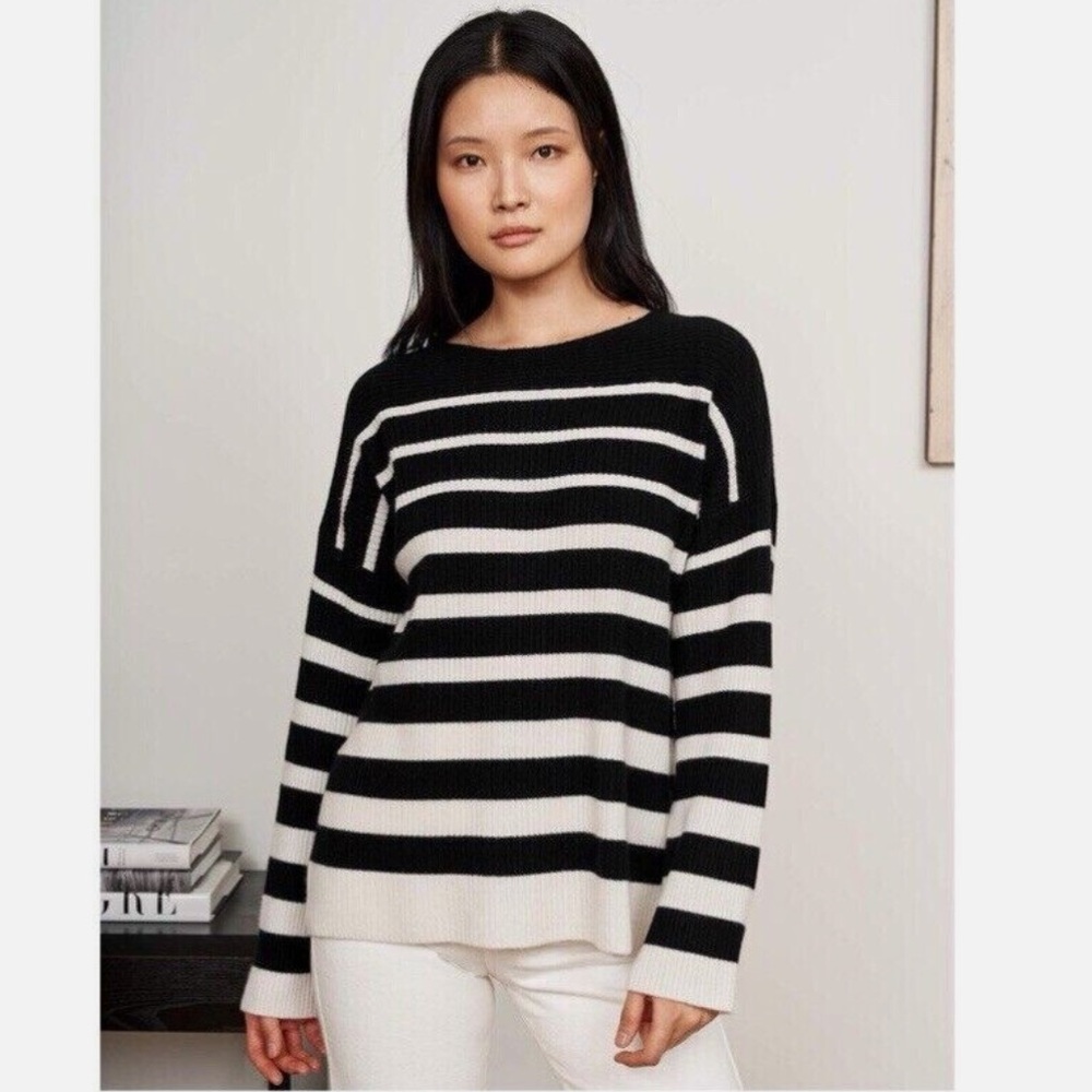 La Ligne 100% Cashmere Black and Cream Striped Sweater